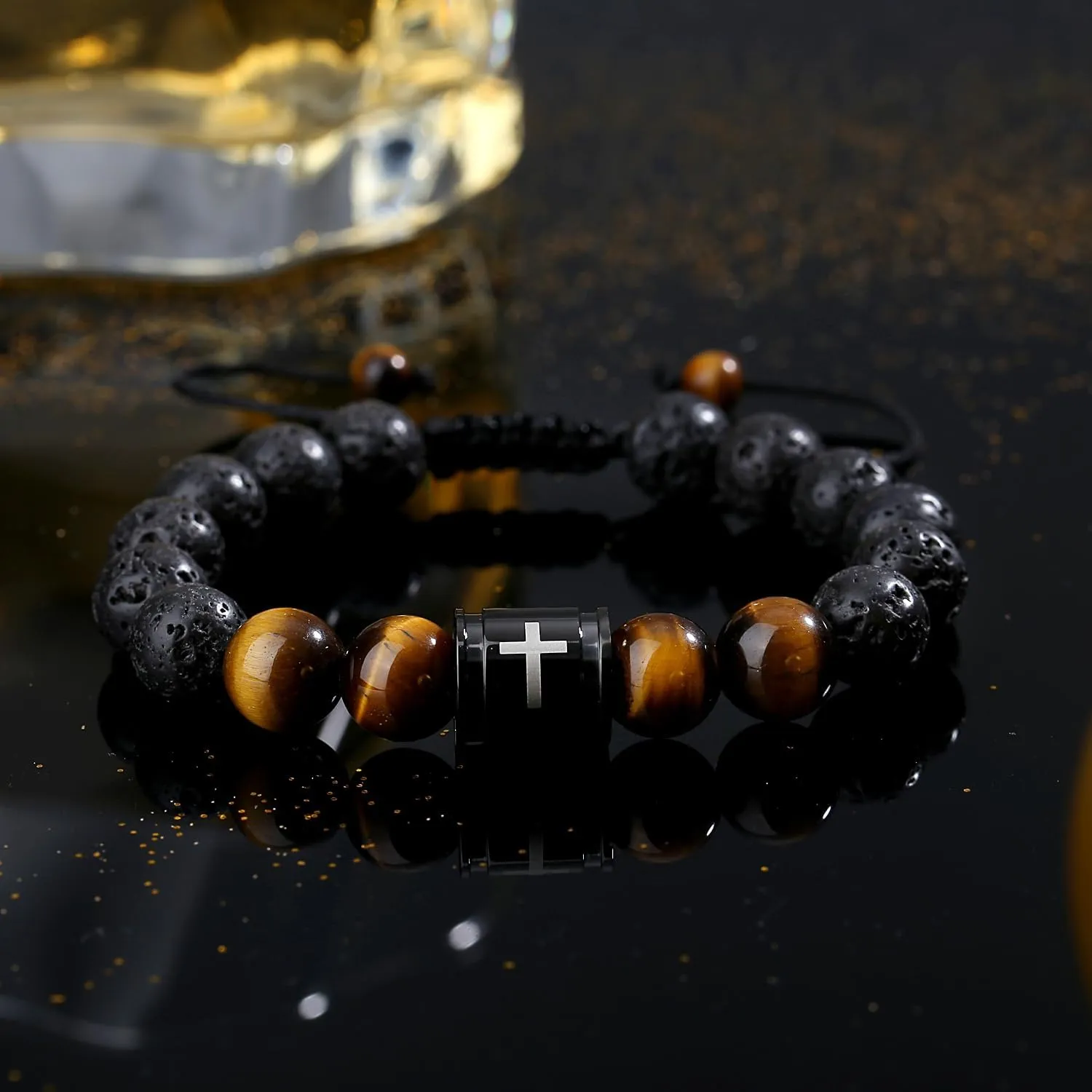Mens Beaded Bracelets 10mm Natural Lava Rock Stone Black Onyx and Tiger Eyes, Bible Verse Cross Bracelets for Men Christmas Birthday Religious Gifts for Men Father Boyfriend Husband