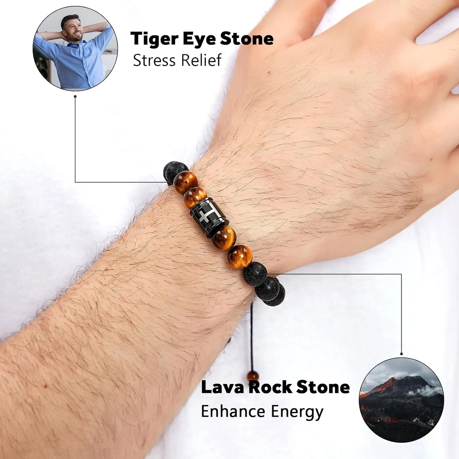 Mens Beaded Bracelets 10mm Natural Lava Rock Stone Black Onyx and Tiger Eyes, Bible Verse Cross Bracelets for Men Christmas Birthday Religious Gifts for Men Father Boyfriend Husband