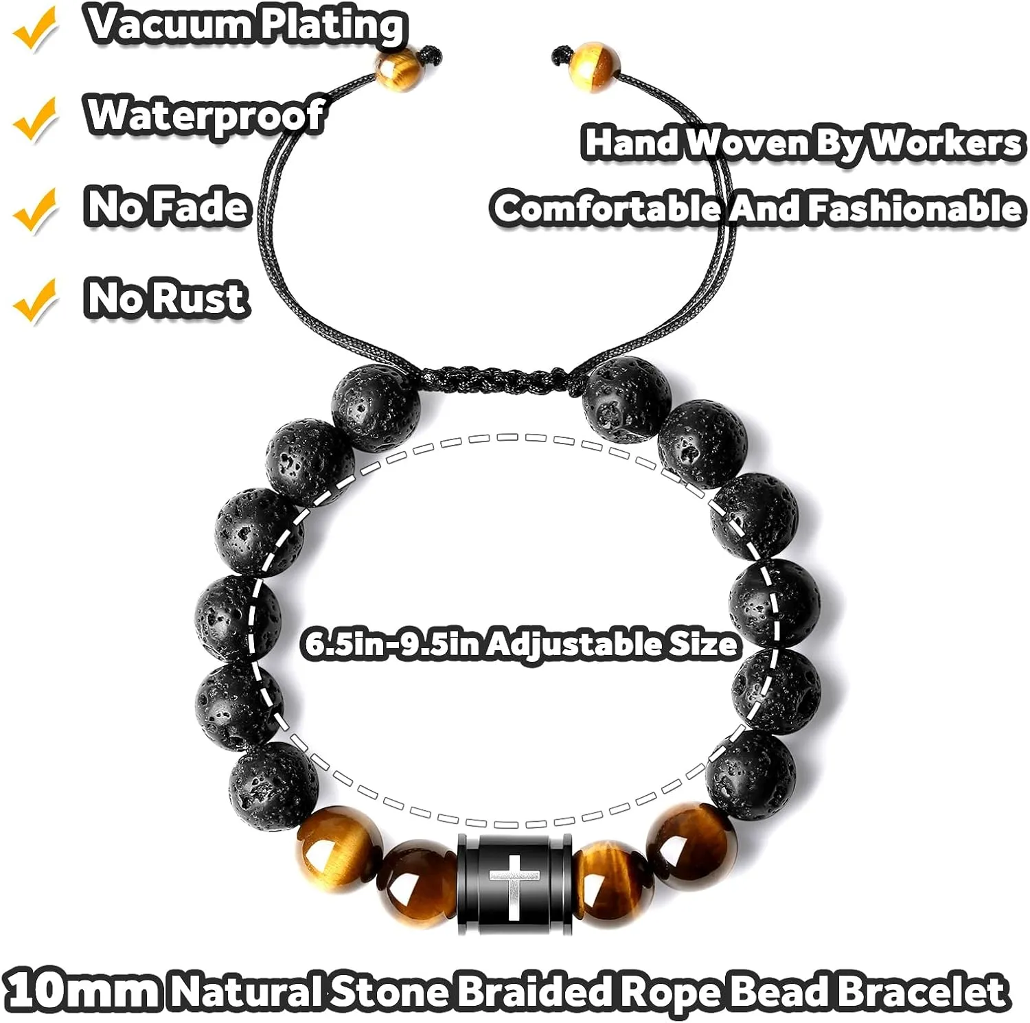 Mens Beaded Bracelets 10mm Natural Lava Rock Stone Black Onyx and Tiger Eyes, Bible Verse Cross Bracelets for Men Christmas Birthday Religious Gifts for Men Father Boyfriend Husband