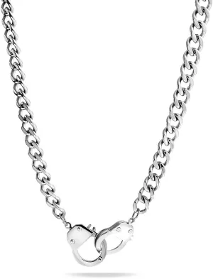Mens Biker Punk Rocker Jewelry Large Statement Chain Handcuff Necklace in Black Gold Silver Tone Stainless Steel Pendant for Teens Women - 20 Inch