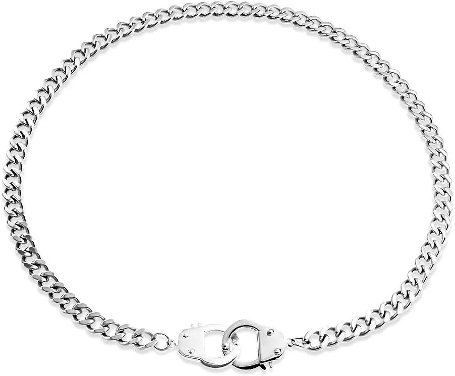 Mens Biker Punk Rocker Jewelry Large Statement Chain Handcuff Necklace in Black Gold Silver Tone Stainless Steel Pendant for Teens Women - 20 Inch