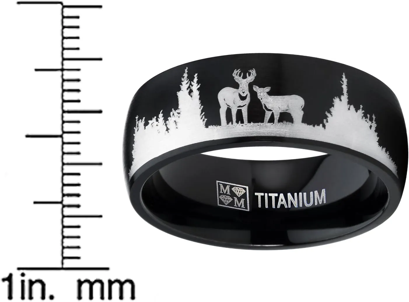 Men's Black Outdoor Hunting Titanium Ring Wedding Band with Laser Etched Deer Stag Scene 8mm