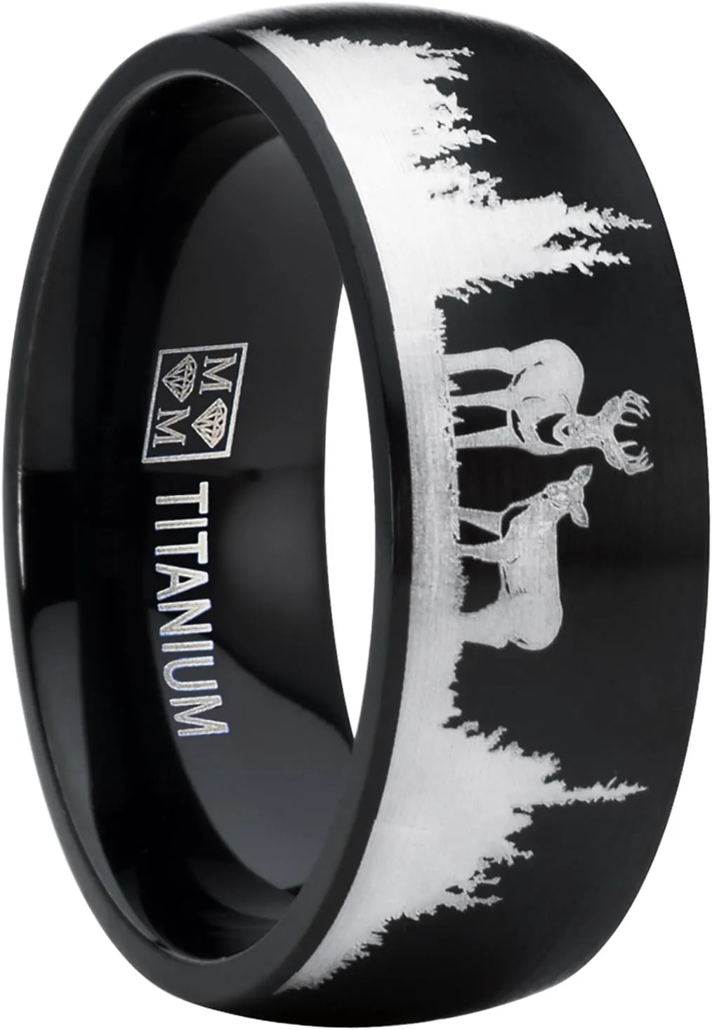 Men's Black Outdoor Hunting Titanium Ring Wedding Band with Laser Etched Deer Stag Scene 8mm