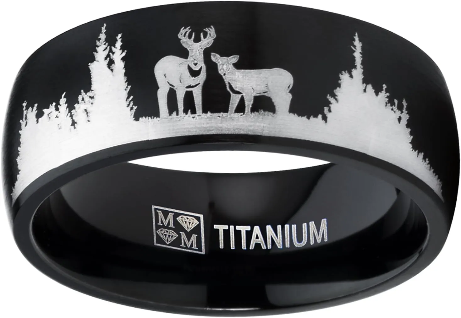 Men's Black Outdoor Hunting Titanium Ring Wedding Band with Laser Etched Deer Stag Scene 8mm