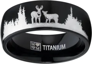 Men's Black Outdoor Hunting Titanium Ring Wedding Band with Laser Etched Deer Stag Scene 8mm