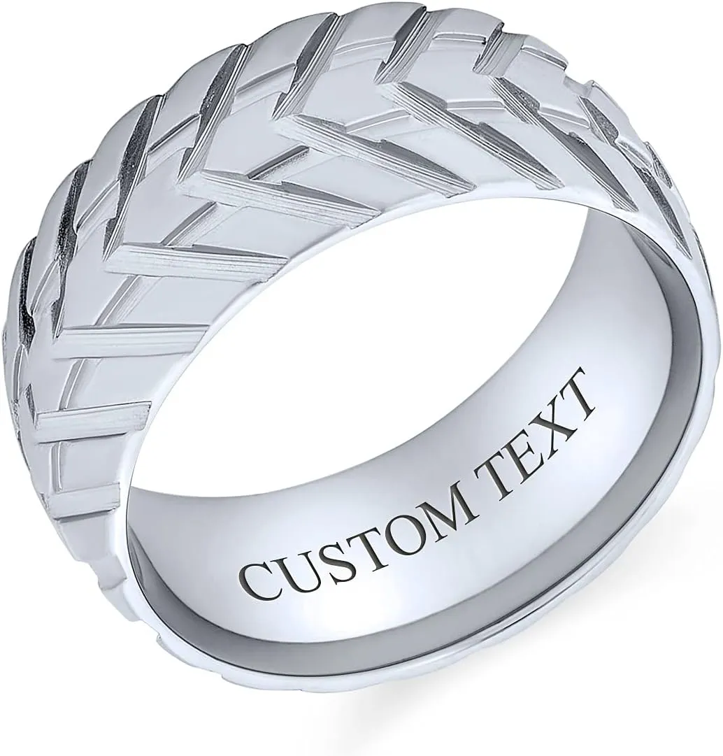 Men's Wide Tread Tire Band Ring Mechanic Sports Car Racer Style Matte Brushed Silver Tone Stainless Steel 8MM for Bikers