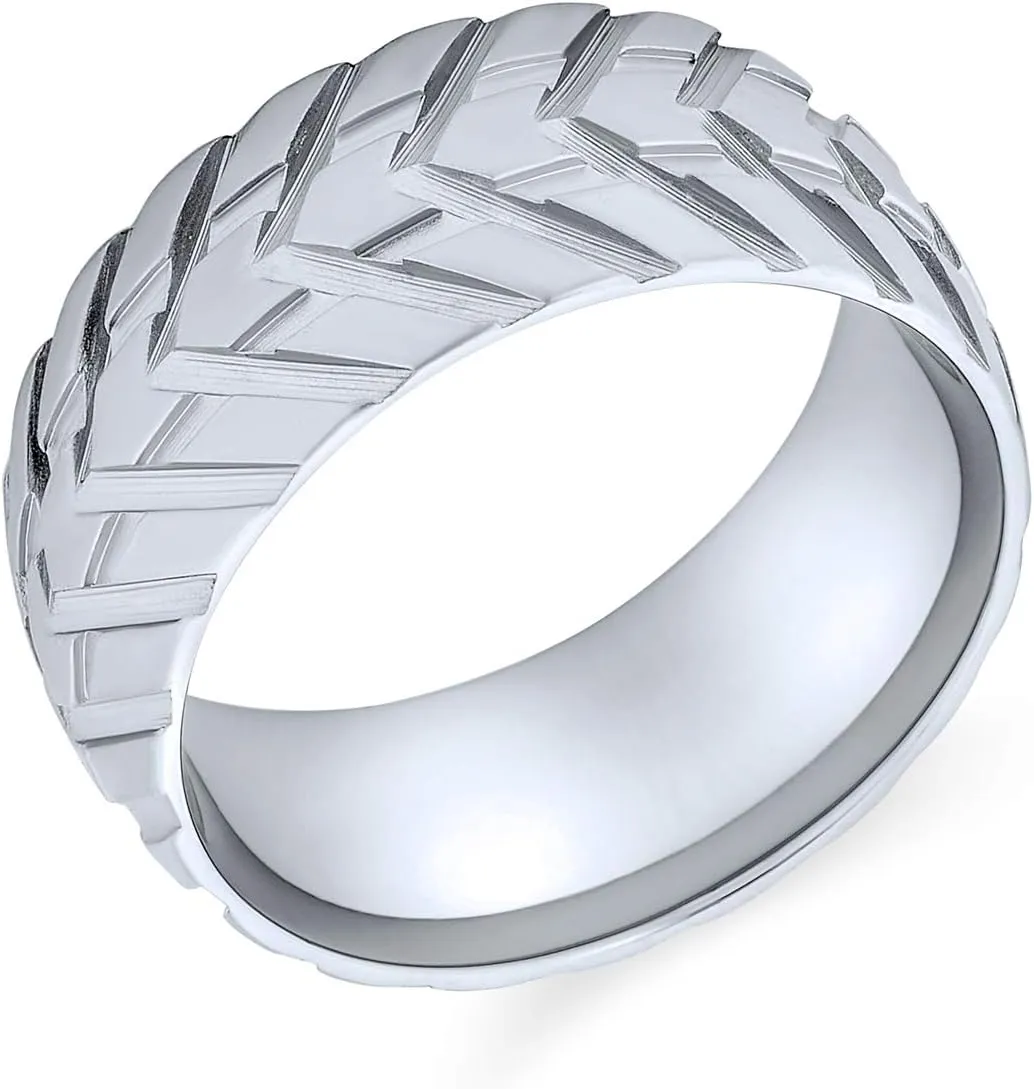Men's Wide Tread Tire Band Ring Mechanic Sports Car Racer Style Matte Brushed Silver Tone Stainless Steel 8MM for Bikers