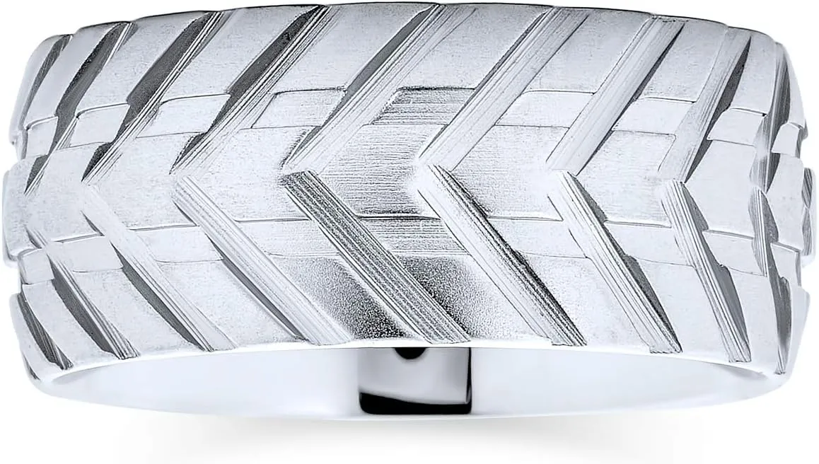 Men's Wide Tread Tire Band Ring Mechanic Sports Car Racer Style Matte Brushed Silver Tone Stainless Steel 8MM for Bikers