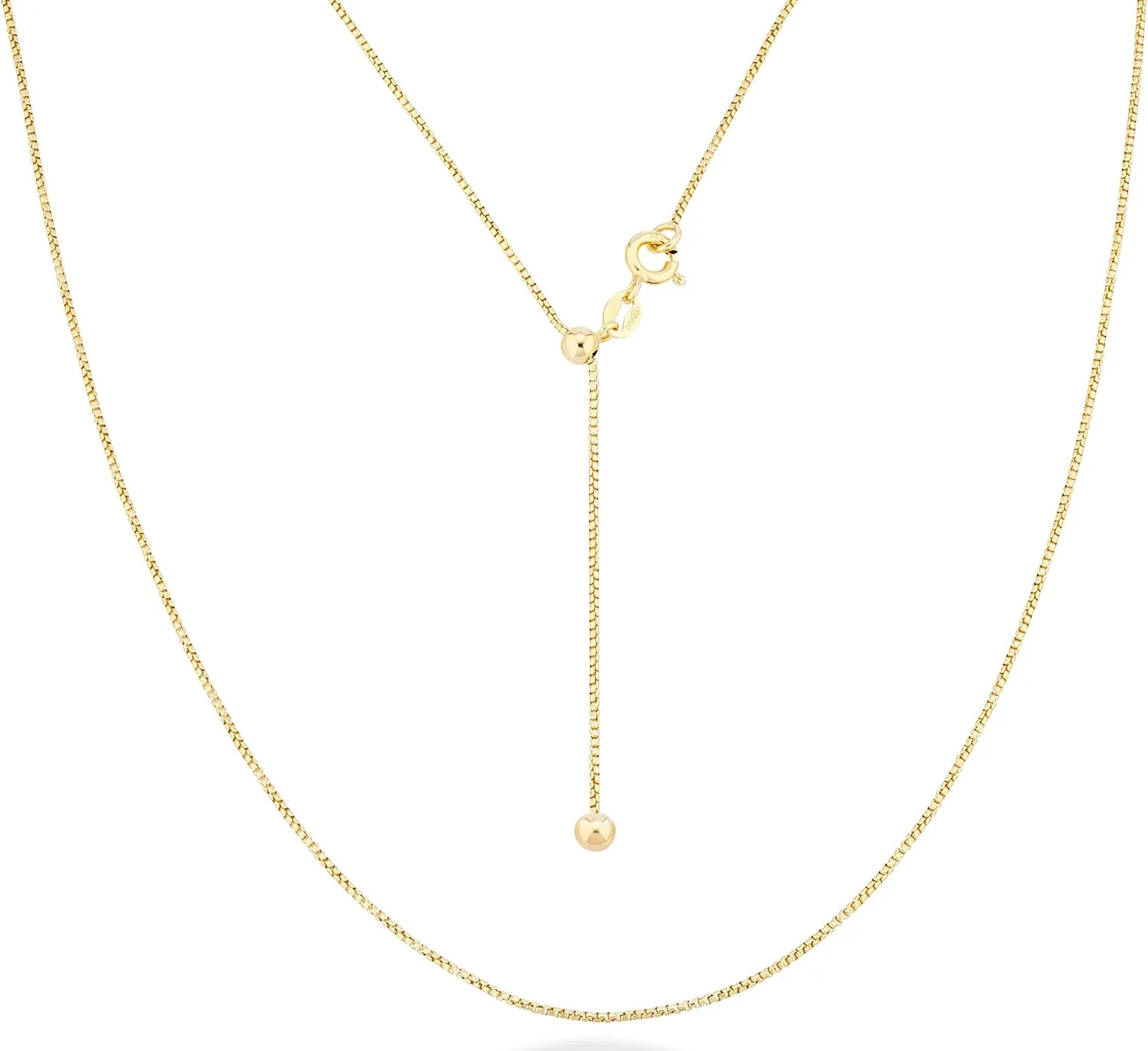 Miabella 925 Sterling Silver or 18K Gold Plated Italian 1mm Adjustable Solid Thin Bolo Box Chain Necklace for Women / 14-24 Inch Slider/Made in Italy