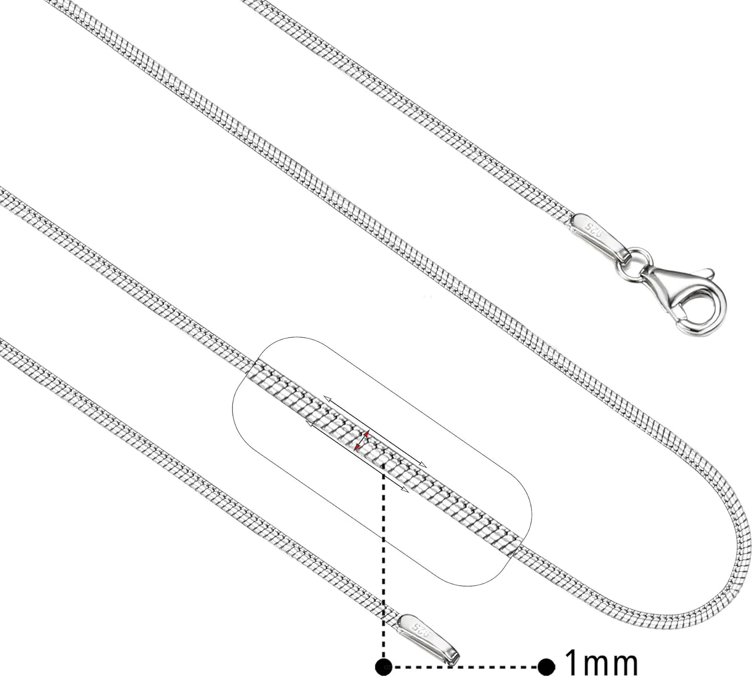 MILACOLATO 925 Sterling Silver Chain Necklace for Women Men 1MM 1.5MM Solid Round Snake Chain Necklace Rhodium Plated Durable Italian Silver Necklace Chain Jewelry - Lobster Clasp - 16"-24"