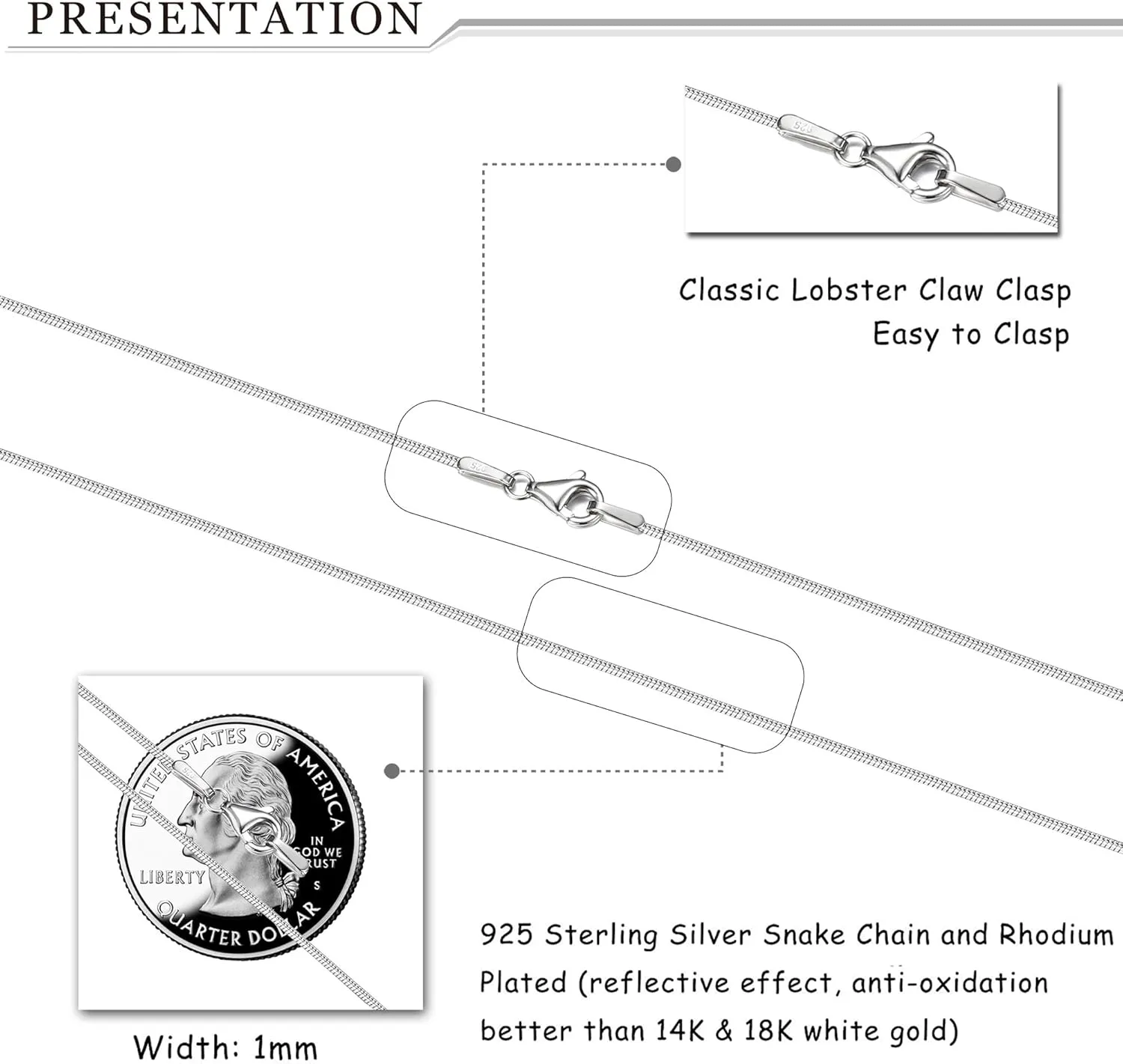 MILACOLATO 925 Sterling Silver Chain Necklace for Women Men 1MM 1.5MM Solid Round Snake Chain Necklace Rhodium Plated Durable Italian Silver Necklace Chain Jewelry - Lobster Clasp - 16"-24"