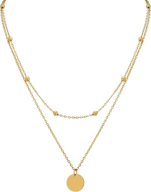 MINACHI Gold Plated Dainty Double Layered Chain Circle Coin Pendant Necklace for Women, Trendy Simple Minimalist Fashion Jewelry Gift for Women