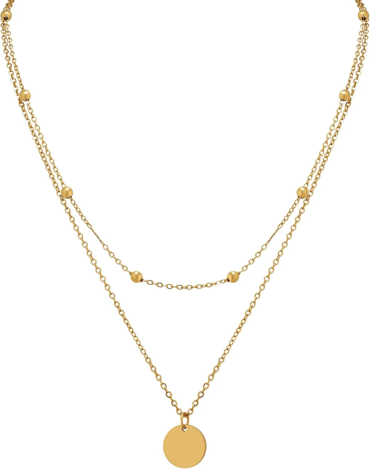MINACHI Gold Plated Dainty Double Layered Chain Circle Coin Pendant Necklace for Women, Trendy Simple Minimalist Fashion Jewelry Gift for Women