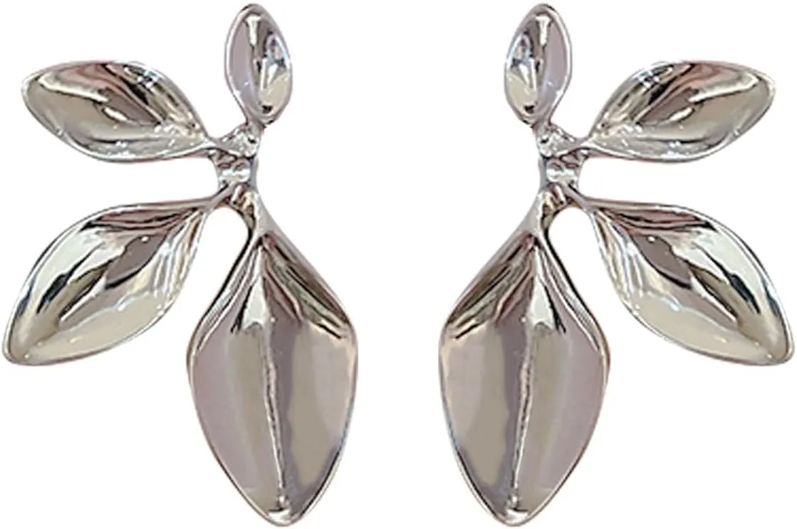 Minimalist Tree Leaf Drop Stud Earrings for Women 925 Sterling Silver Simple Polished Big Leaves Statement Studs Earring Fashion Lightweight Jewelry for Mother