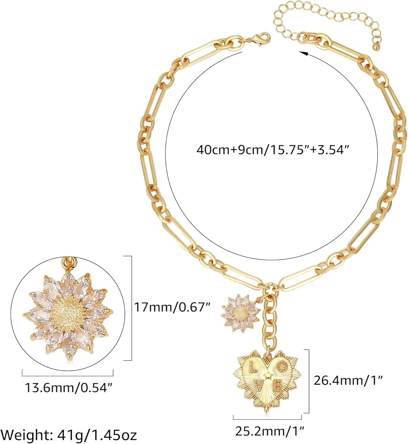 MISS RIGHT Gold Love Heart Sun Charm Chunky Paperclip Chain for Women Trendy 18K Gold Plated Coin Sunflower Pendant Choker Necklace Hip Hop Jewelry Gifts for Her
