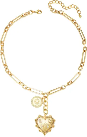 MISS RIGHT Gold Love Heart Sun Charm Chunky Paperclip Chain for Women Trendy 18K Gold Plated Coin Sunflower Pendant Choker Necklace Hip Hop Jewelry Gifts for Her