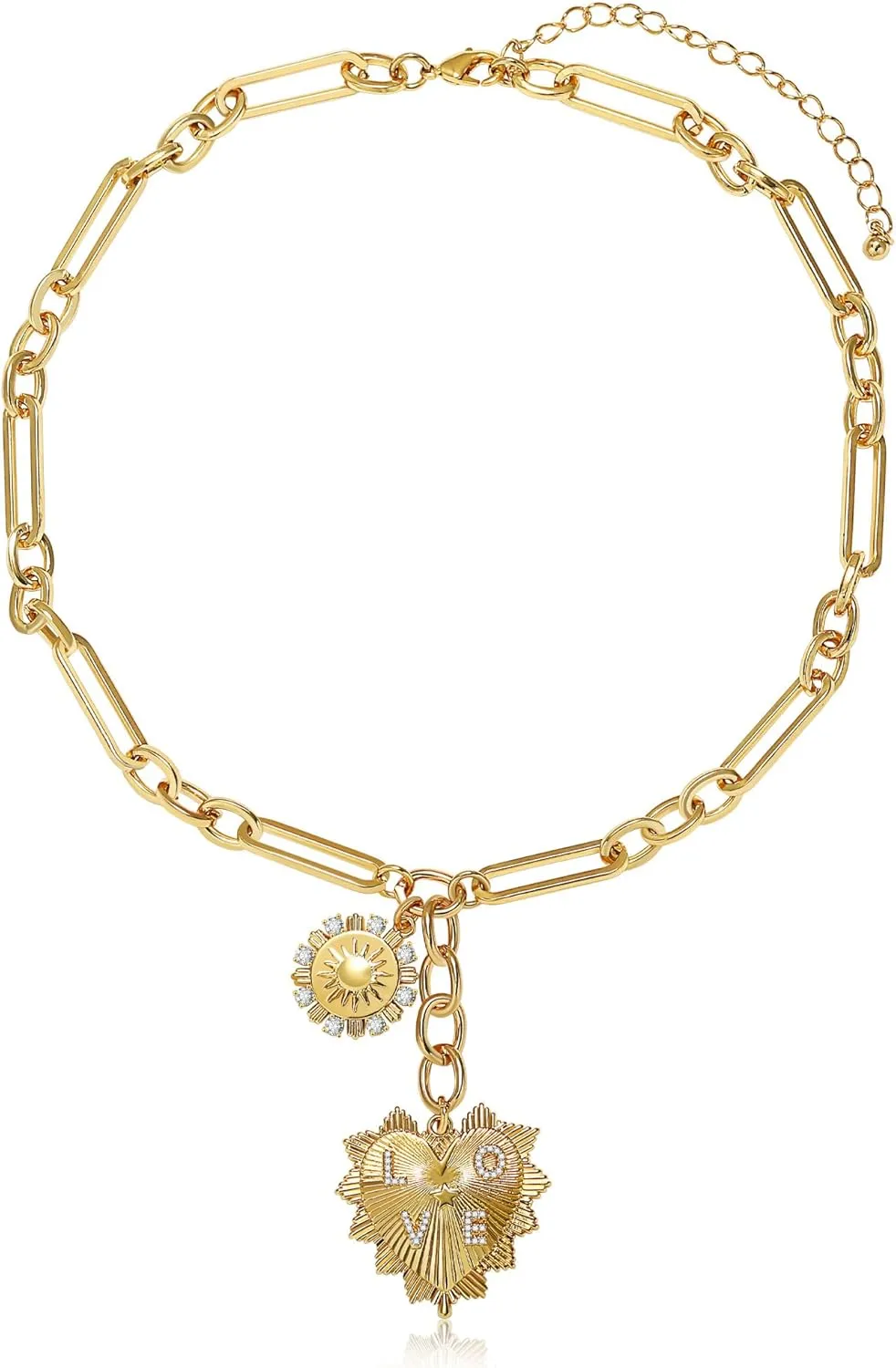 MISS RIGHT Gold Love Heart Sun Charm Chunky Paperclip Chain for Women Trendy 18K Gold Plated Coin Sunflower Pendant Choker Necklace Hip Hop Jewelry Gifts for Her