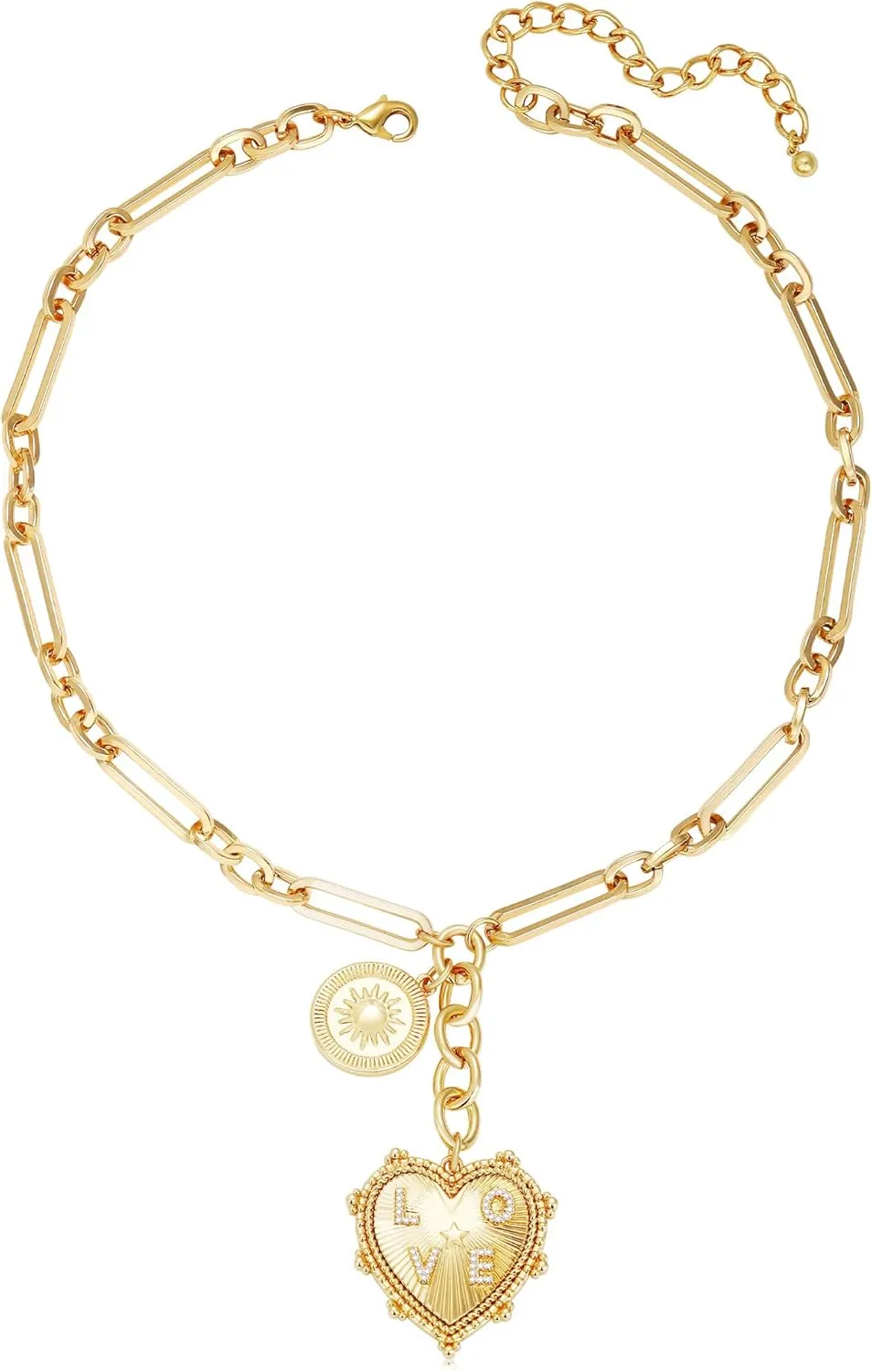 MISS RIGHT Gold Love Heart Sun Charm Chunky Paperclip Chain for Women Trendy 18K Gold Plated Coin Sunflower Pendant Choker Necklace Hip Hop Jewelry Gifts for Her