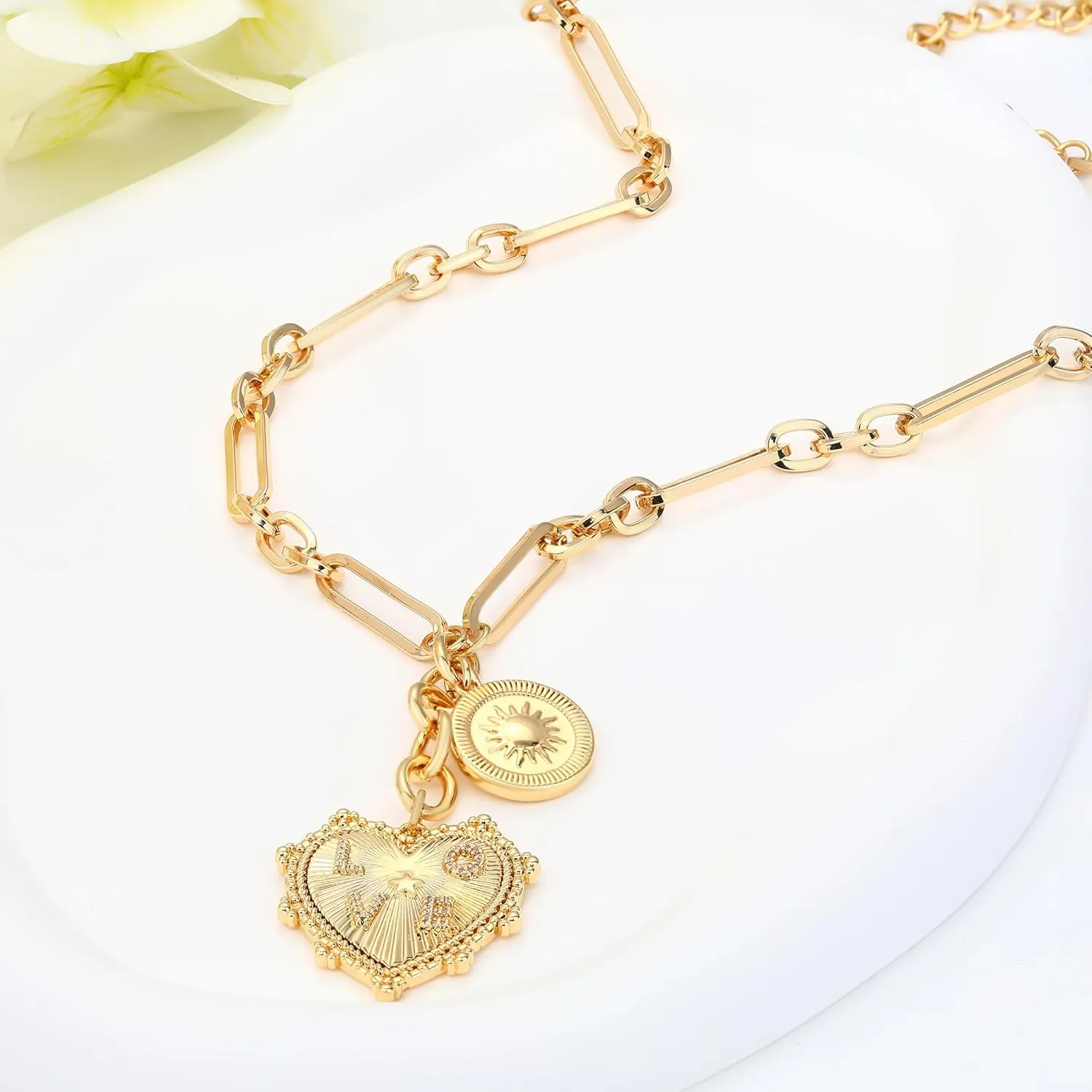 MISS RIGHT Gold Love Heart Sun Charm Chunky Paperclip Chain for Women Trendy 18K Gold Plated Coin Sunflower Pendant Choker Necklace Hip Hop Jewelry Gifts for Her