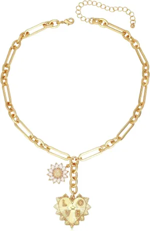 MISS RIGHT Gold Love Heart Sun Charm Chunky Paperclip Chain for Women Trendy 18K Gold Plated Coin Sunflower Pendant Choker Necklace Hip Hop Jewelry Gifts for Her