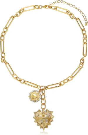 MISS RIGHT Gold Love Heart Sun Charm Chunky Paperclip Chain for Women Trendy 18K Gold Plated Coin Sunflower Pendant Choker Necklace Hip Hop Jewelry Gifts for Her