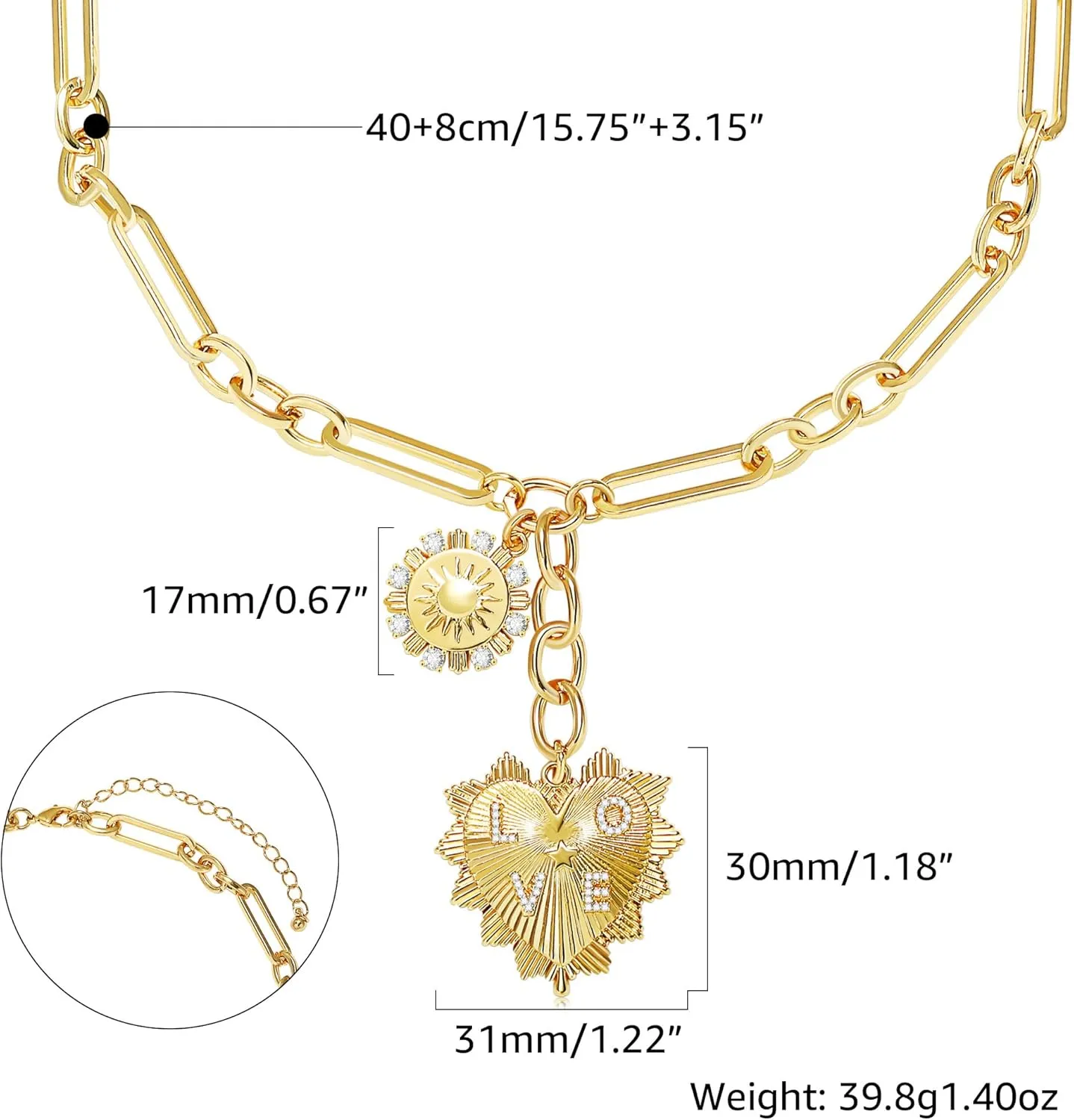 MISS RIGHT Gold Love Heart Sun Charm Chunky Paperclip Chain for Women Trendy 18K Gold Plated Coin Sunflower Pendant Choker Necklace Hip Hop Jewelry Gifts for Her