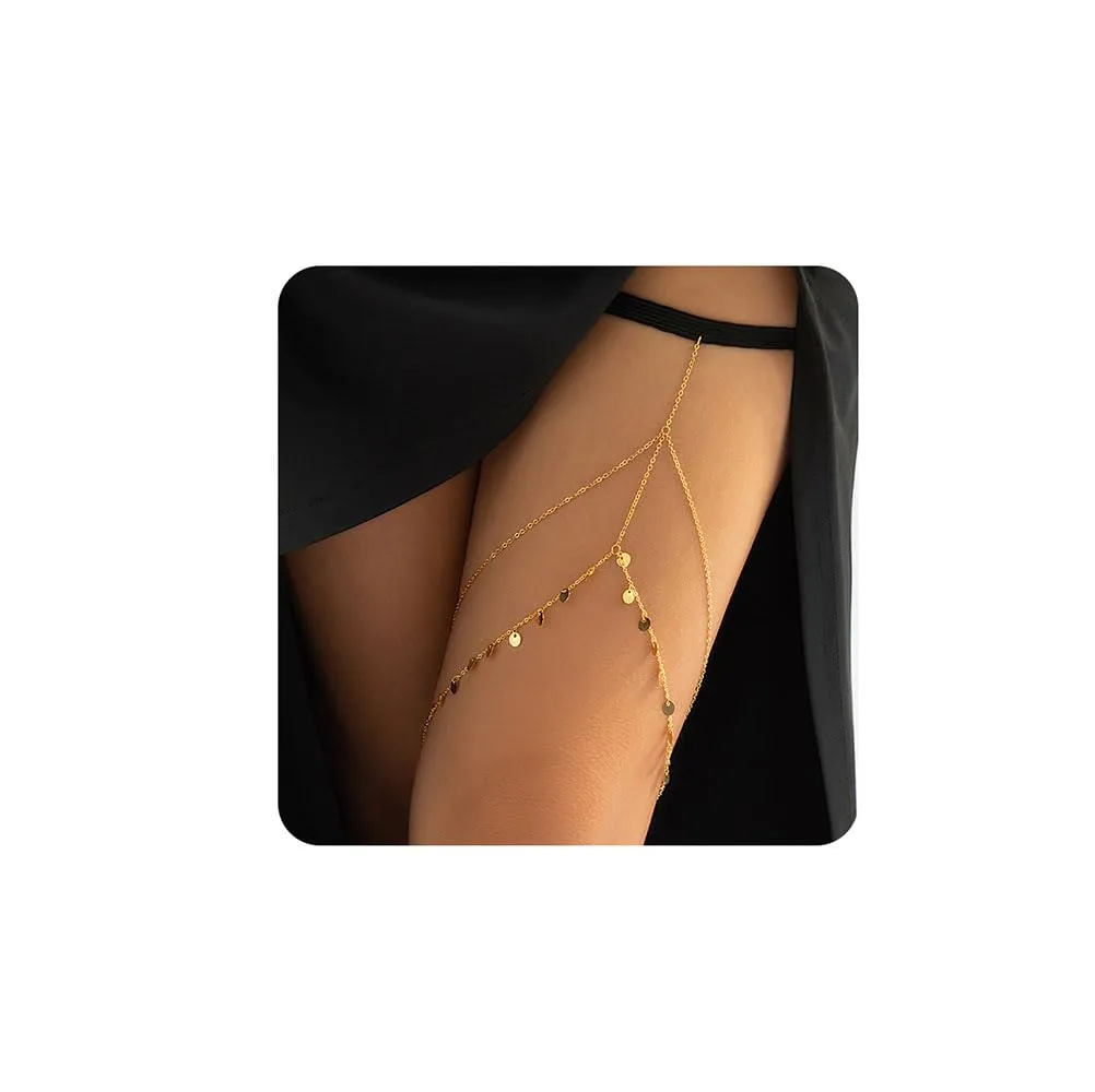 Missgrace Boho Gold Silver Tassel Sequins Body Chain Layered Leg Chains Beach Nightclub Body Accessories Sexy Black Elastic Leg Jewelry for Women (Gold)