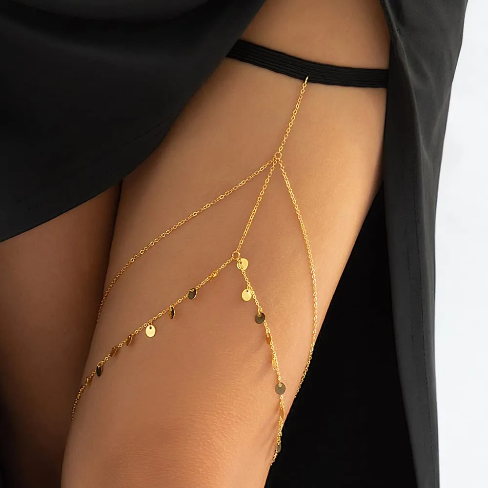 Missgrace Boho Gold Silver Tassel Sequins Body Chain Layered Leg Chains Beach Nightclub Body Accessories Sexy Black Elastic Leg Jewelry for Women (Gold)