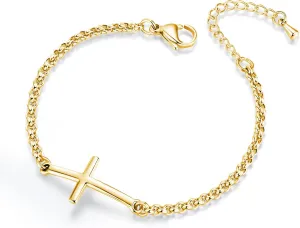 mnmoom Sideways Cross Bracelet for Women 14k gold Plated adjustable Simple rolo Chain Religious Bracelets Faith Confirmation Jewelry