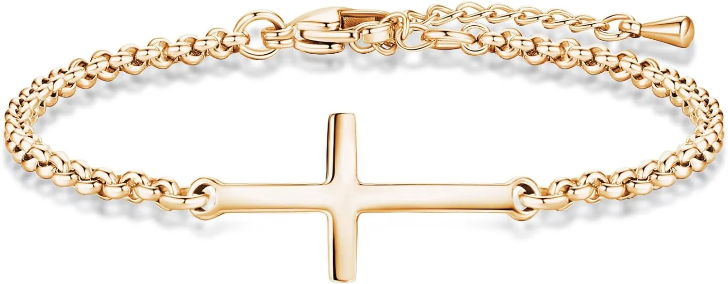 mnmoom Sideways Cross Bracelet for Women 14k gold Plated adjustable Simple rolo Chain Religious Bracelets Faith Confirmation Jewelry