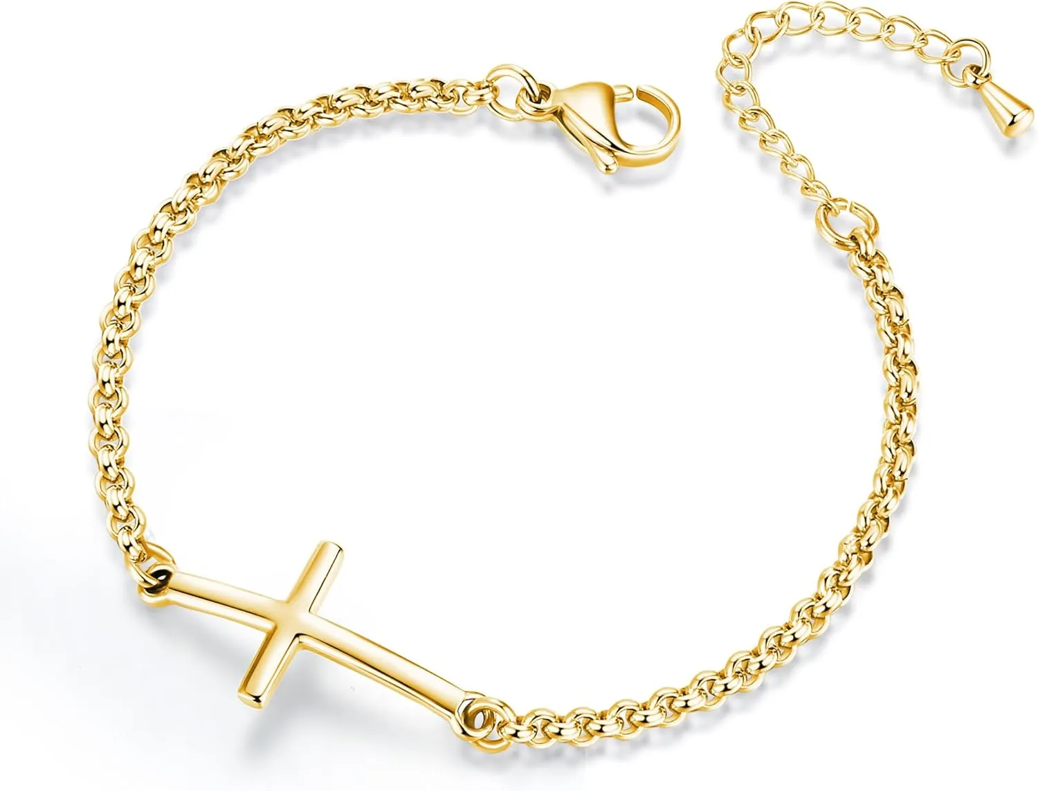 mnmoom Sideways Cross Bracelet for Women 14k gold Plated adjustable Simple rolo Chain Religious Bracelets Faith Confirmation Jewelry
