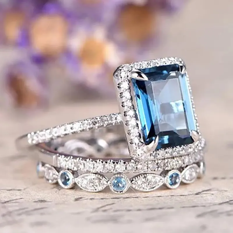 Mnyixsi Platinum Plated 925 Sterling Silver Sapphire Engagement Wedding Ring Set AAAAA Cz 925 Sterling Silver 3pcs Square Shape White Blue Gemstone Rings Set Size 9