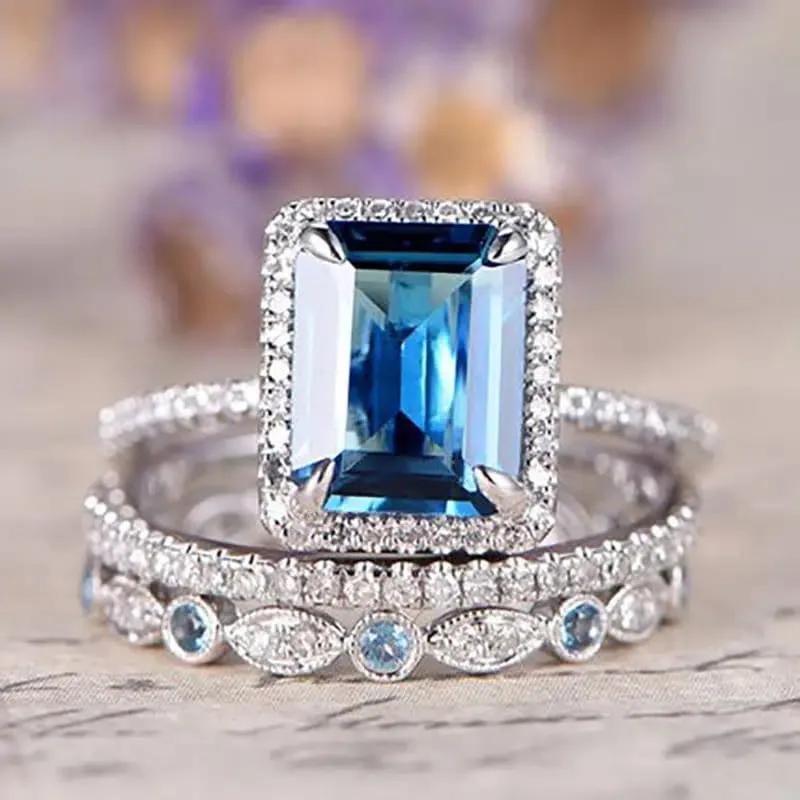 Mnyixsi Platinum Plated 925 Sterling Silver Sapphire Engagement Wedding Ring Set AAAAA Cz 925 Sterling Silver 3pcs Square Shape White Blue Gemstone Rings Set Size 9