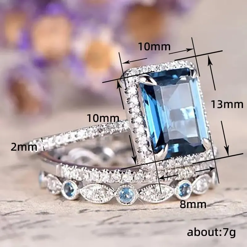 Mnyixsi Platinum Plated 925 Sterling Silver Sapphire Engagement Wedding Ring Set AAAAA Cz 925 Sterling Silver 3pcs Square Shape White Blue Gemstone Rings Set Size 9