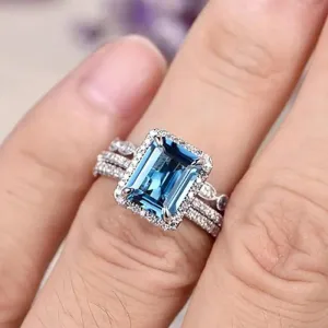 Mnyixsi Platinum Plated 925 Sterling Silver Sapphire Engagement Wedding Ring Set AAAAA Cz 925 Sterling Silver 3pcs Square Shape White Blue Gemstone Rings Set Size 9
