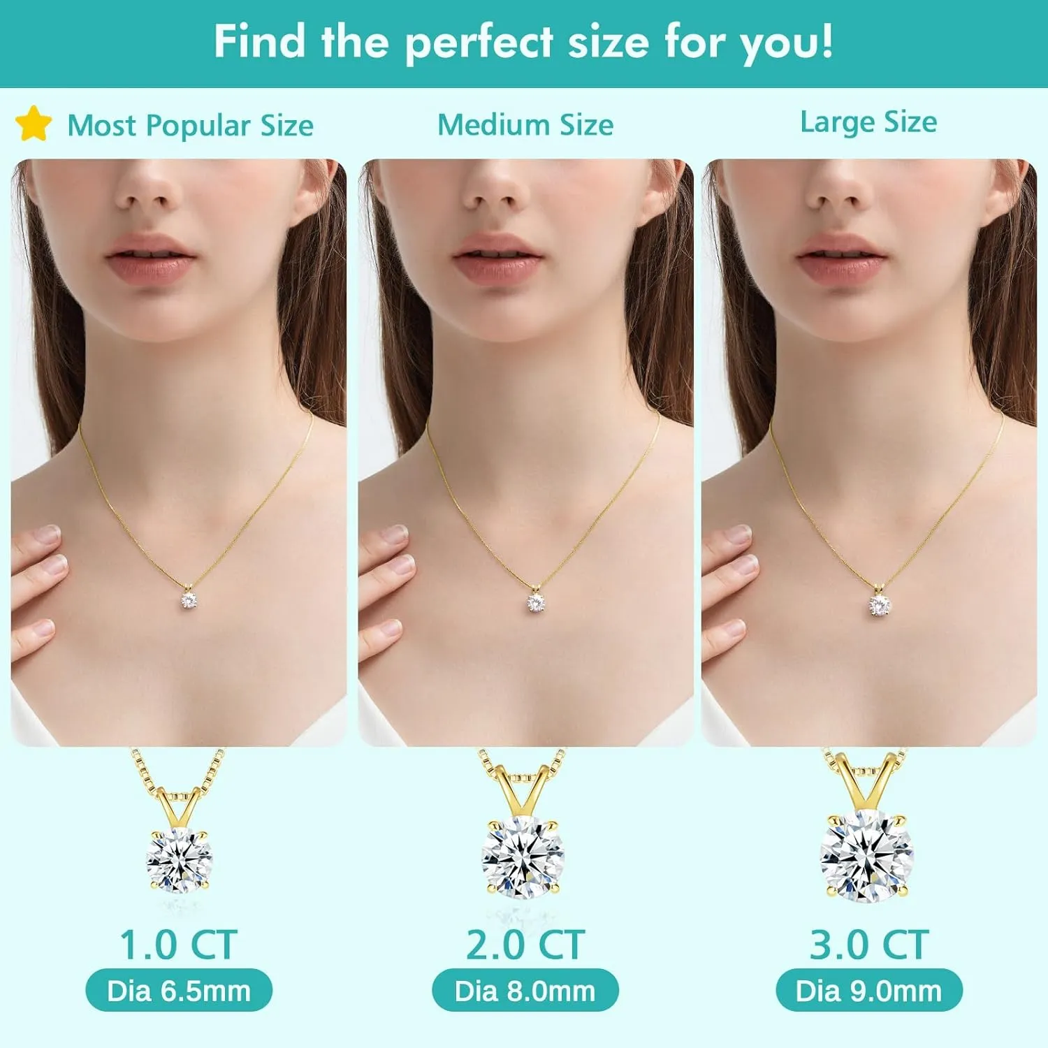 Moissanite Solitaire Necklace for Women, 13 Carat Lab Created Diamond Pendant, D Color VVS1,Heart Back, 18 2" Silver Chain, Gift for Wife, Girlfriend, Mom Yourself on Anniversary, Birthday, Wedding