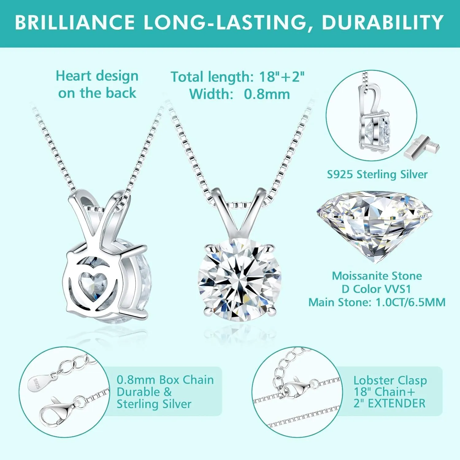 Moissanite Solitaire Necklace for Women, 13 Carat Lab Created Diamond Pendant, D Color VVS1,Heart Back, 18 2" Silver Chain, Gift for Wife, Girlfriend, Mom Yourself on Anniversary, Birthday, Wedding