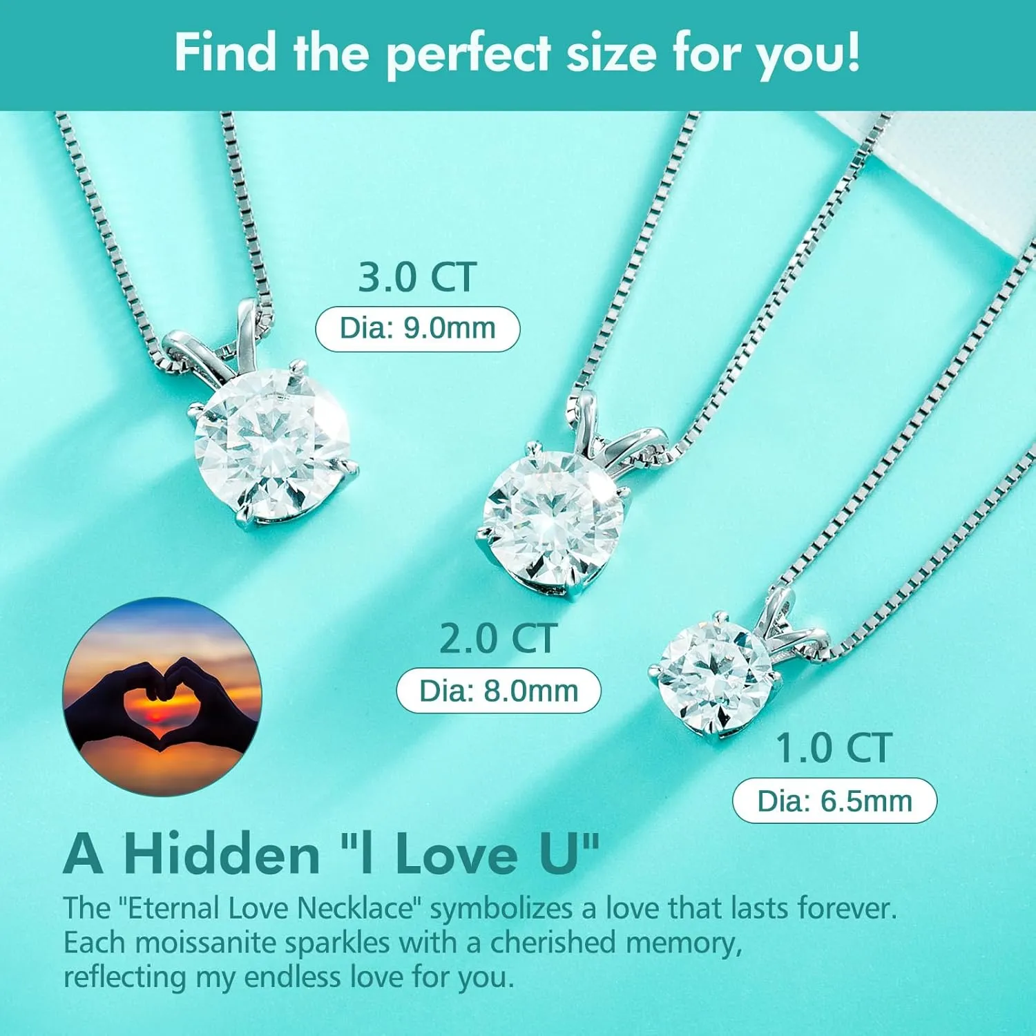 Moissanite Solitaire Necklace for Women, 13 Carat Lab Created Diamond Pendant, D Color VVS1,Heart Back, 18 2" Silver Chain, Gift for Wife, Girlfriend, Mom Yourself on Anniversary, Birthday, Wedding