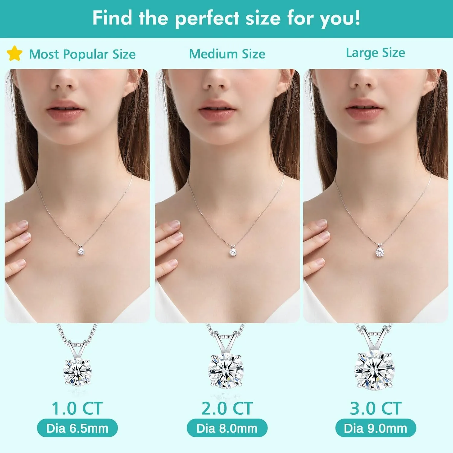 Moissanite Solitaire Necklace for Women, 13 Carat Lab Created Diamond Pendant, D Color VVS1,Heart Back, 18 2" Silver Chain, Gift for Wife, Girlfriend, Mom Yourself on Anniversary, Birthday, Wedding