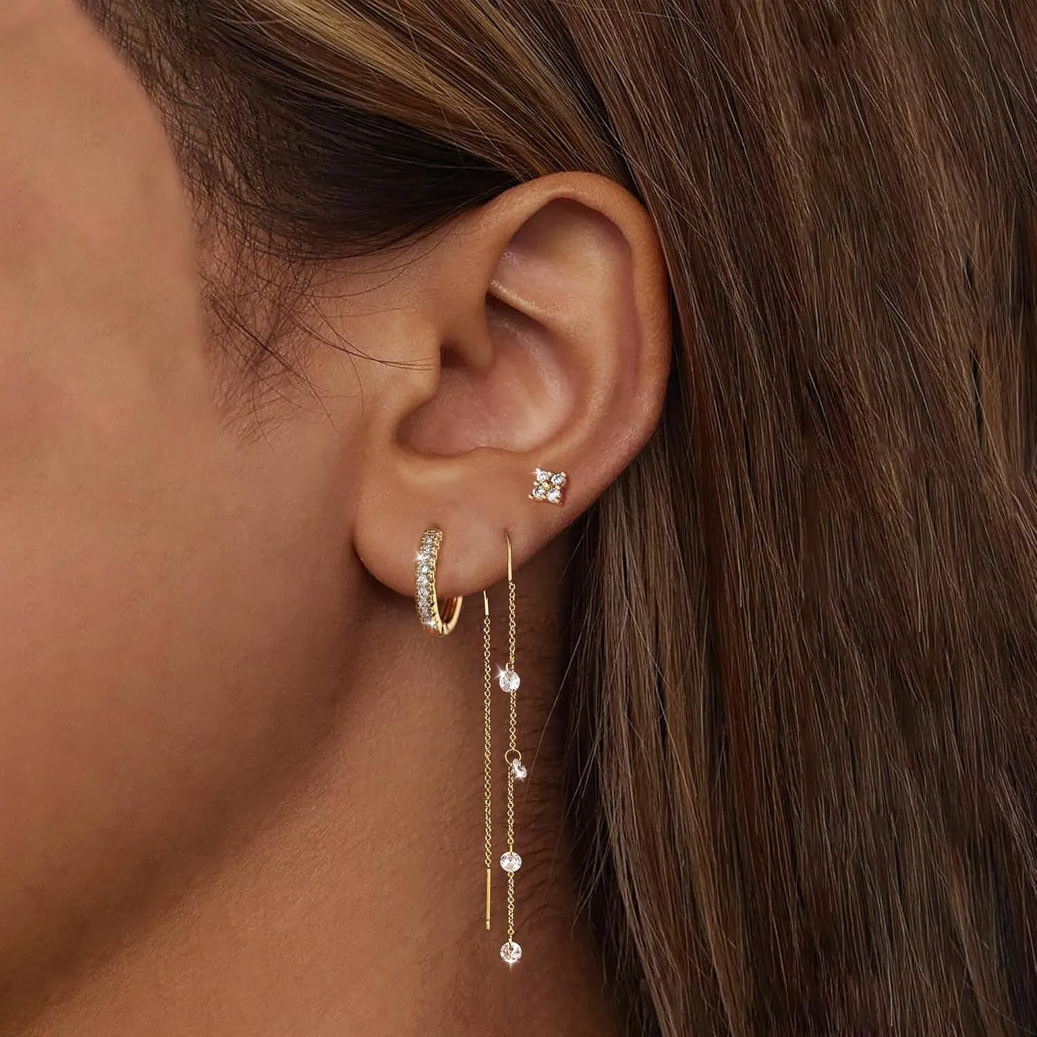 Moodear Dangle Earrings for Women - Dainty 14K Gold/Silver Plated Stack Long Drop Chain Earring Hypoallergenic Cubic Zirconia Hoop Stud Earrings Non Tarnish Trendy Jewelry Set