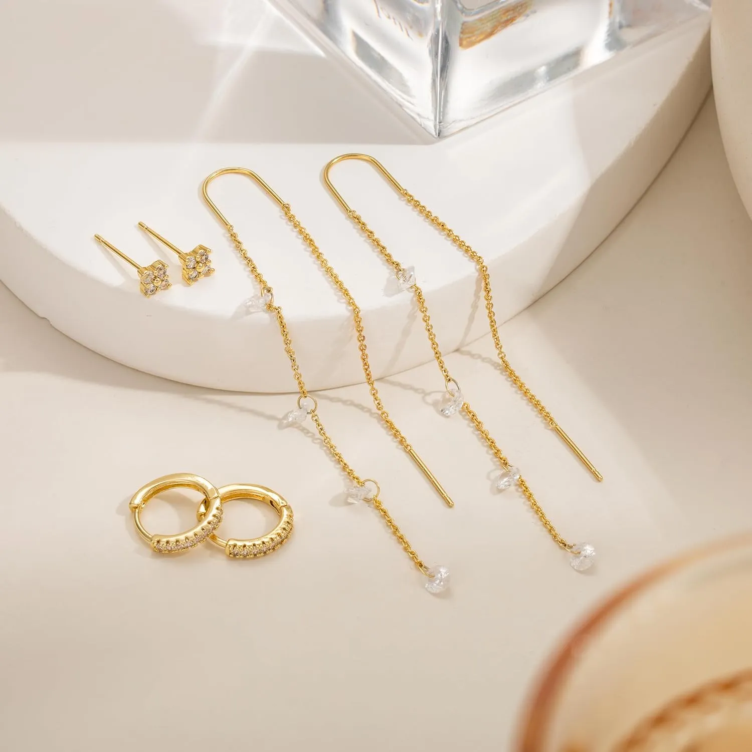 Moodear Dangle Earrings for Women - Dainty 14K Gold/Silver Plated Stack Long Drop Chain Earring Hypoallergenic Cubic Zirconia Hoop Stud Earrings Non Tarnish Trendy Jewelry Set