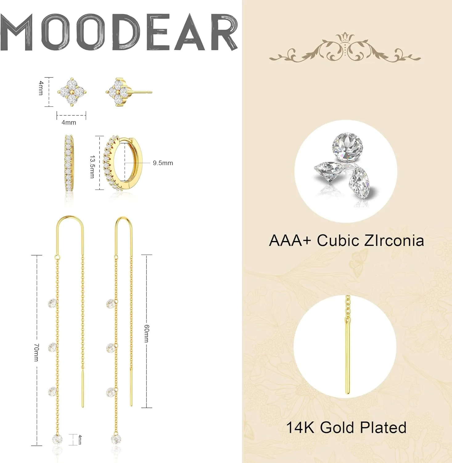 Moodear Dangle Earrings for Women - Dainty 14K Gold/Silver Plated Stack Long Drop Chain Earring Hypoallergenic Cubic Zirconia Hoop Stud Earrings Non Tarnish Trendy Jewelry Set