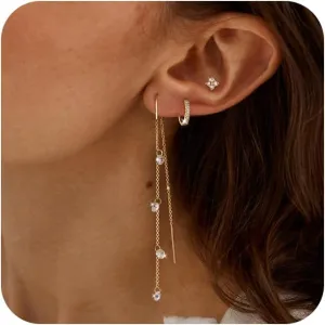Moodear Dangle Earrings for Women - Dainty 14K Gold/Silver Plated Stack Long Drop Chain Earring Hypoallergenic Cubic Zirconia Hoop Stud Earrings Non Tarnish Trendy Jewelry Set
