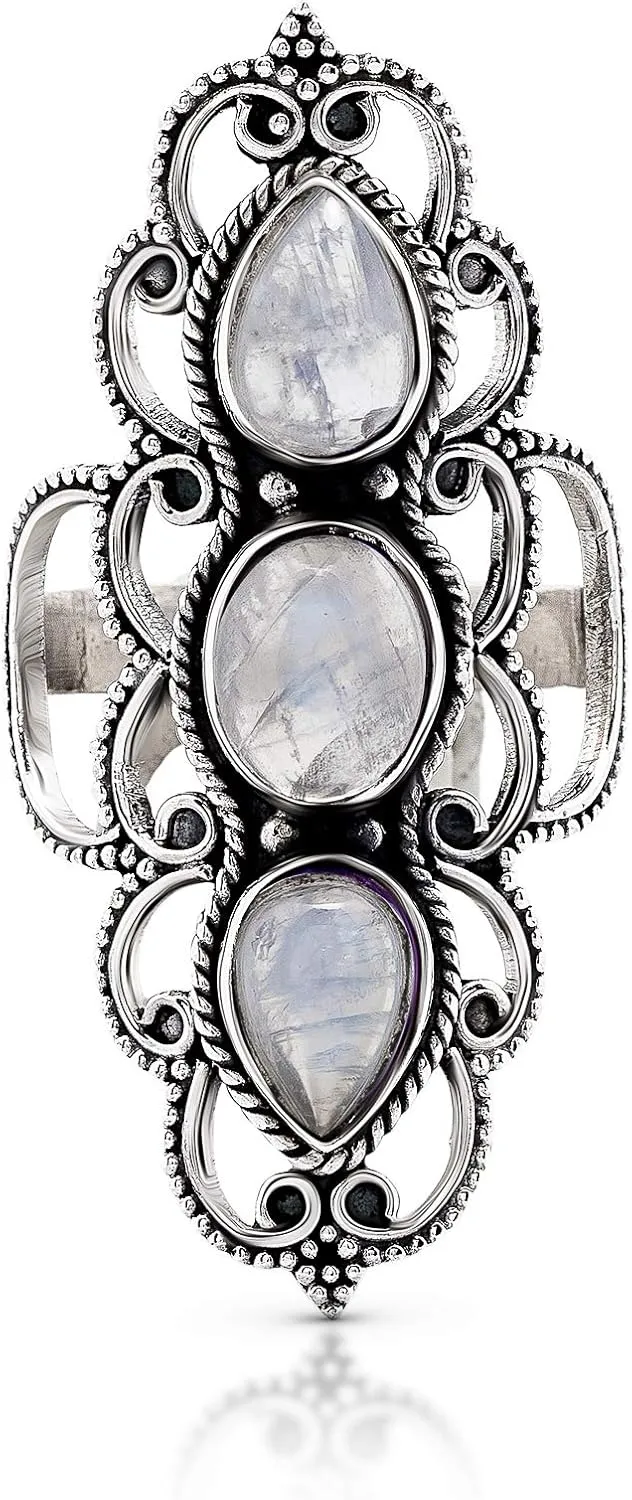 Moonstone 3 Stones 925 Sterling Silver Ring - Delicate BOHO Chic Jewelry - Fashionable and Stylish for Women with Velvet Gift Bag/Box - Made by Indian Artisans - Size 6-10