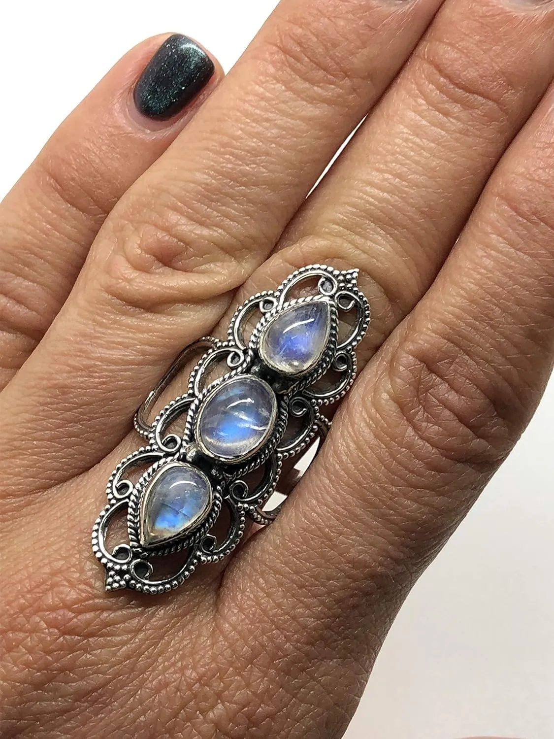 Moonstone 3 Stones 925 Sterling Silver Ring - Delicate BOHO Chic Jewelry - Fashionable and Stylish for Women with Velvet Gift Bag/Box - Made by Indian Artisans - Size 6-10