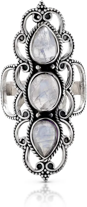 Moonstone 3 Stones 925 Sterling Silver Ring - Delicate BOHO Chic Jewelry - Fashionable and Stylish for Women with Velvet Gift Bag/Box - Made by Indian Artisans - Size 6-10