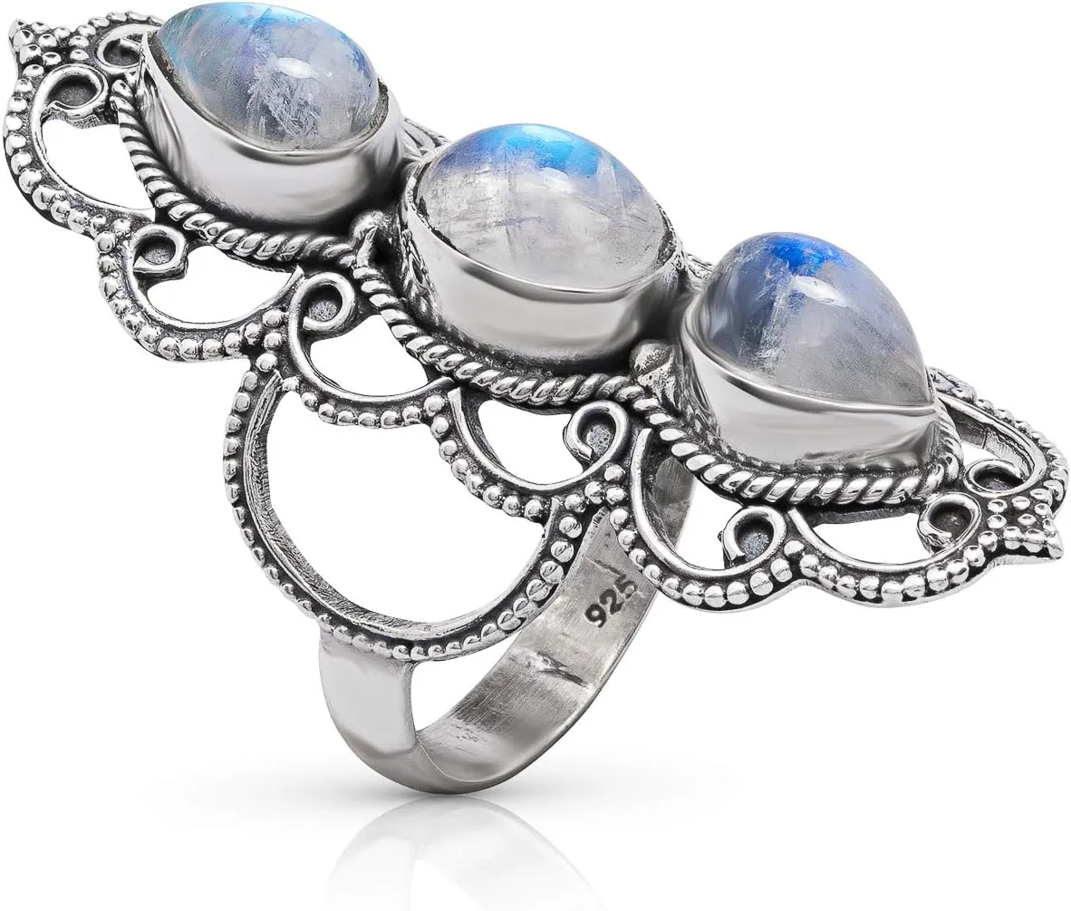 Moonstone 3 Stones 925 Sterling Silver Ring - Delicate BOHO Chic Jewelry - Fashionable and Stylish for Women with Velvet Gift Bag/Box - Made by Indian Artisans - Size 6-10