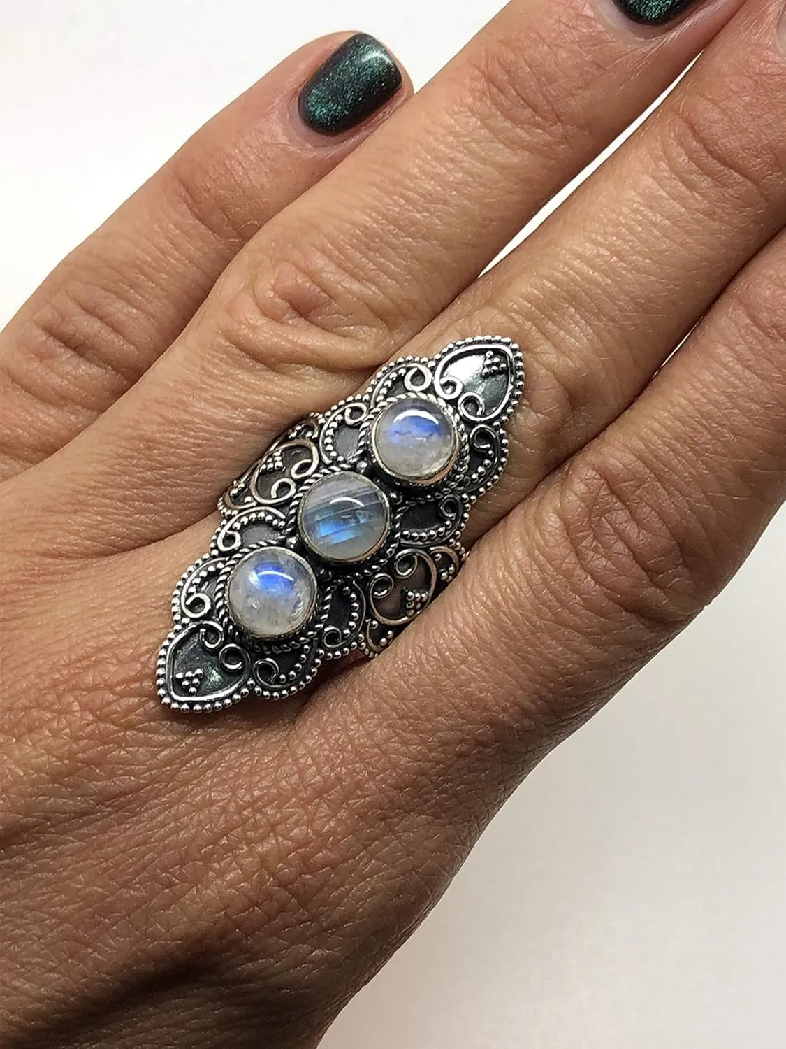 Moonstone 3 Stones 925 Sterling Silver Ring - Delicate BOHO Chic Jewelry - Fashionable and Stylish for Women with Velvet Gift Bag/Box - Made by Indian Artisans - Size 6-10