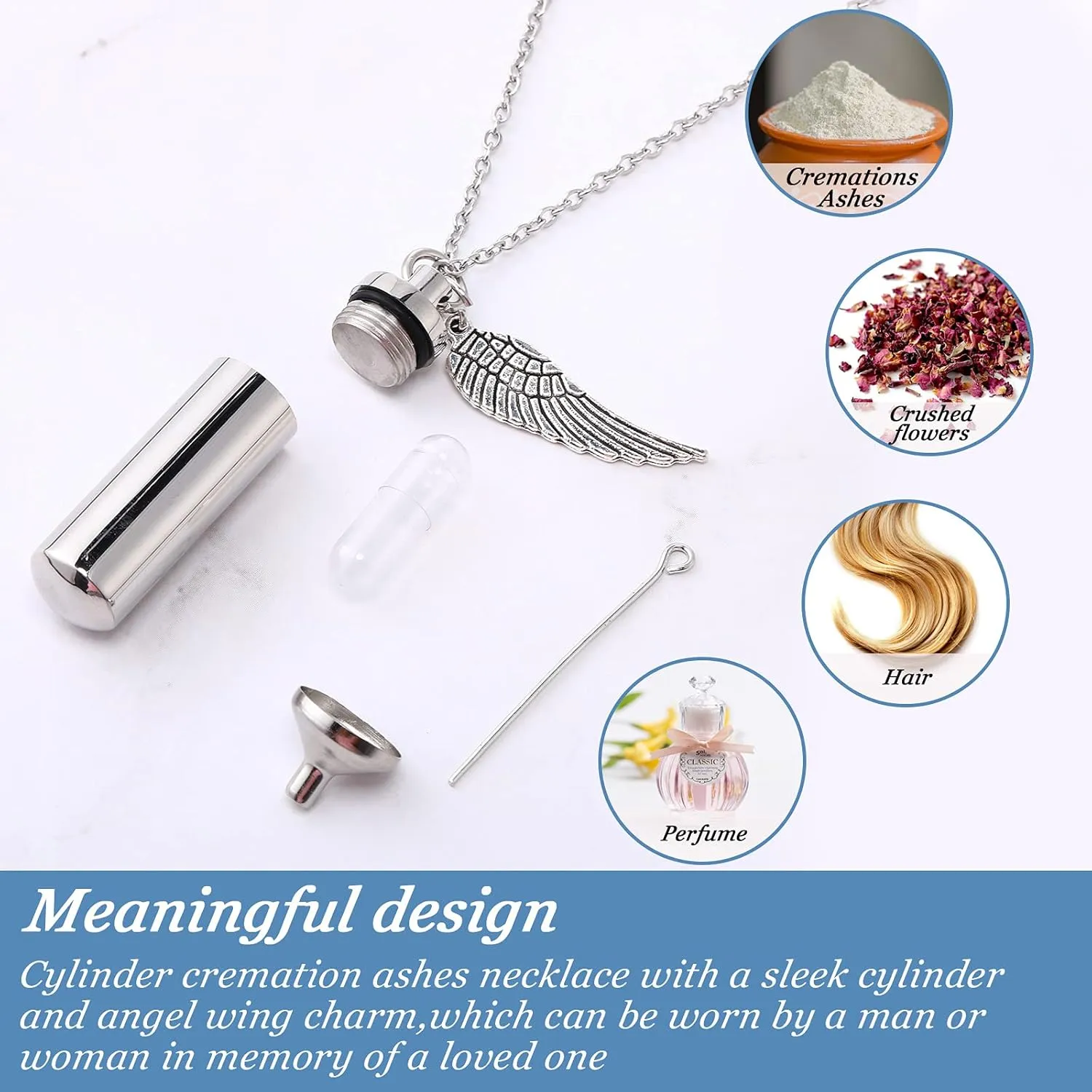 MTLEE Urn Necklace for Ashes Cremation Jewelry for Ashes, 6 Pieces Stainless Steel Cremation Jewelry for Women Men, Memorial Necklace Angel Keepsake Cylinder Pendant with Filling Kit