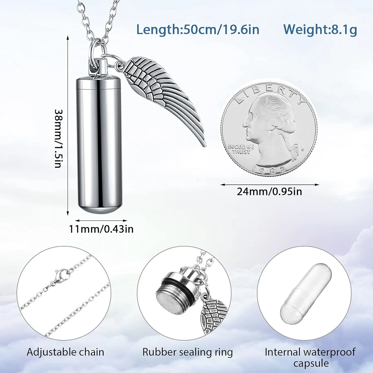 MTLEE Urn Necklace for Ashes Cremation Jewelry for Ashes, 6 Pieces Stainless Steel Cremation Jewelry for Women Men, Memorial Necklace Angel Keepsake Cylinder Pendant with Filling Kit